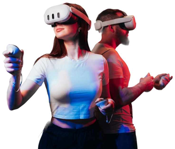 Players in VR headsets with controllers