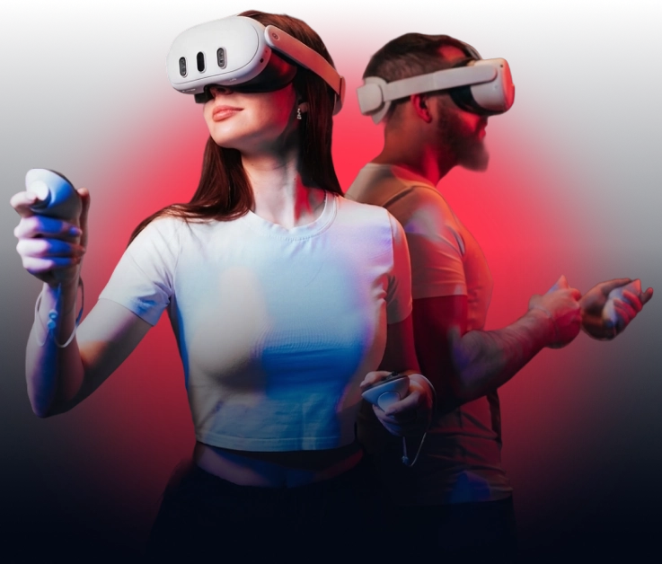 Players in VR headsets with controllers